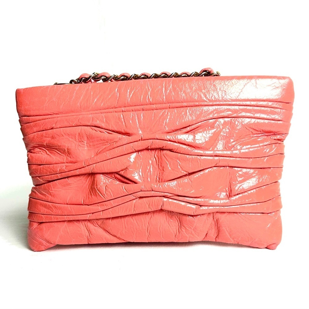 Onna Ehrlich Patent Leather Wristlet in Salmon with Chain Detail - Picture 4 of 12